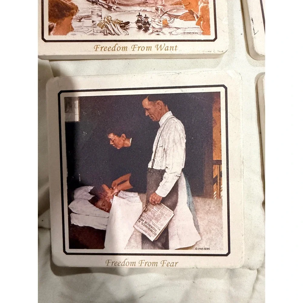 Norman Rockwell Four Freedoms Ceramic Coasters Set 4 Unisex Cream Americana Art